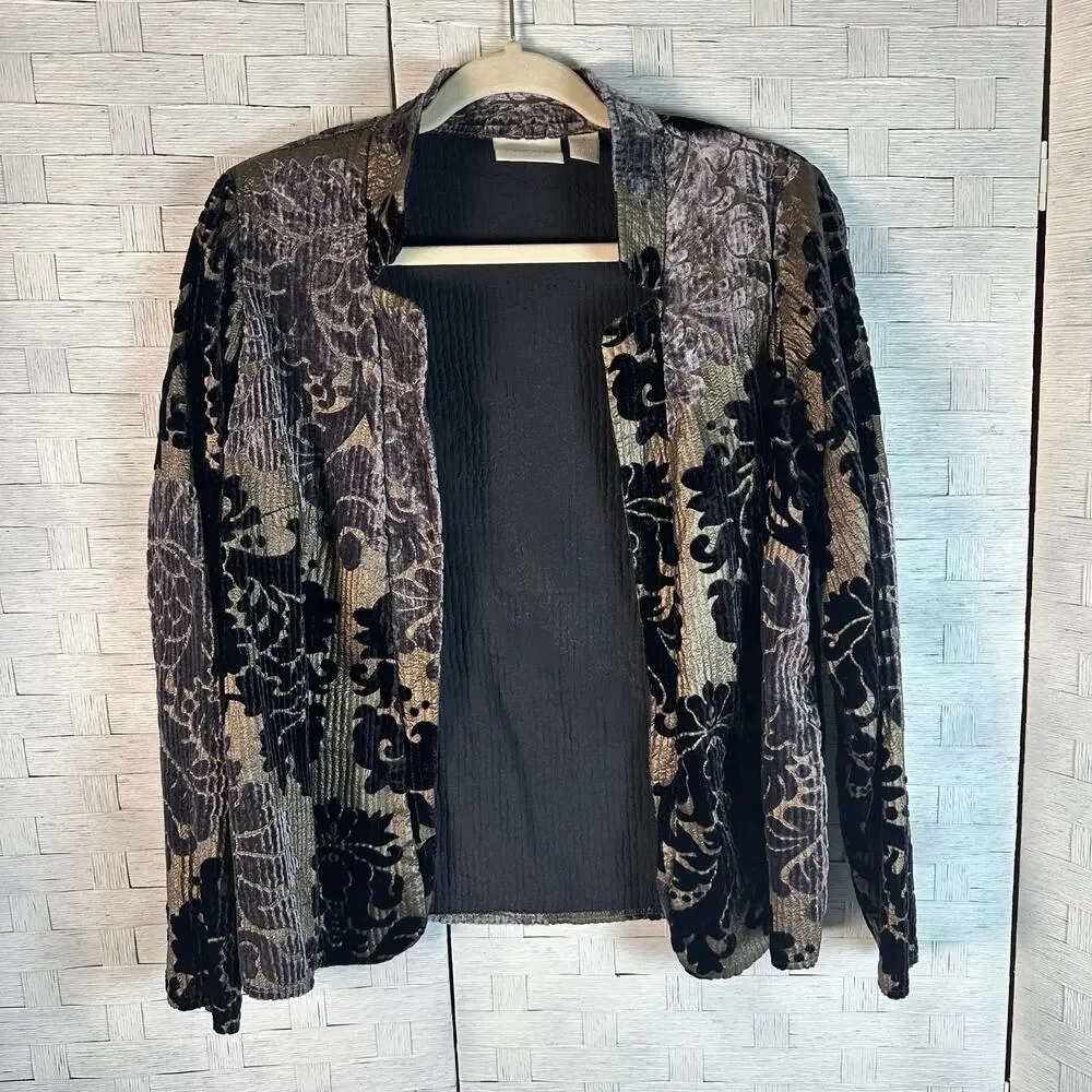 Chico's shimmery jacket velvety soft burnout pattern Open front‎ black gold